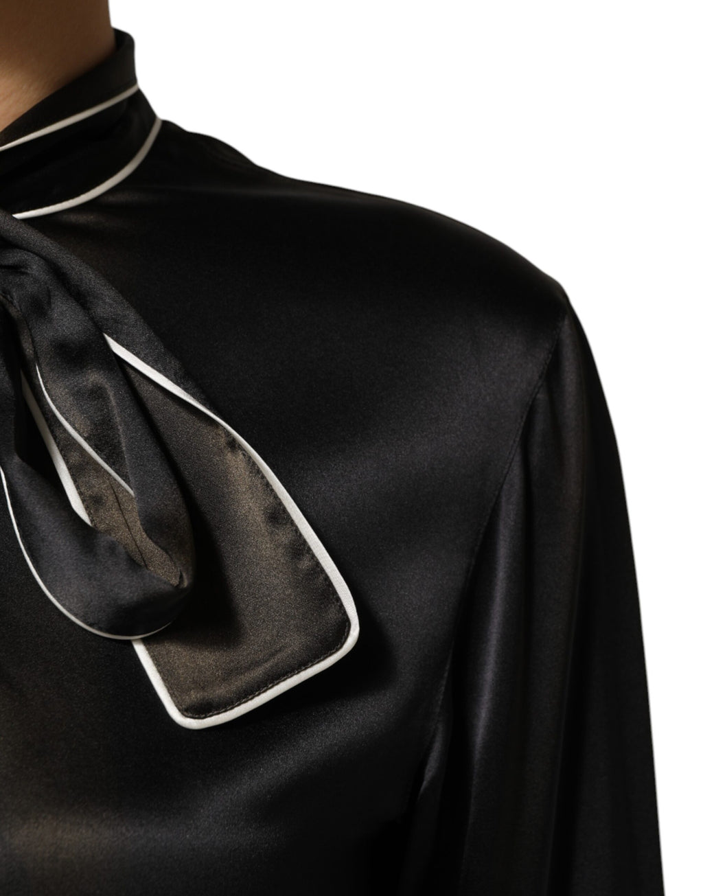 Dolce & Gabbana Black Silk Ascot Collared Button Blouse Top