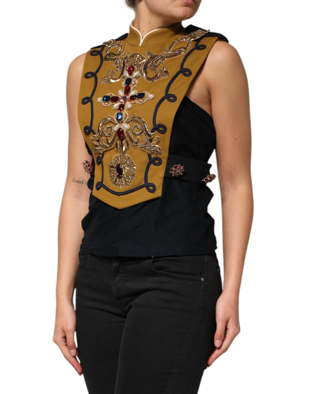 Dolce & Gabbana Yellow Crystal Cross Runway Vest Jacket Top