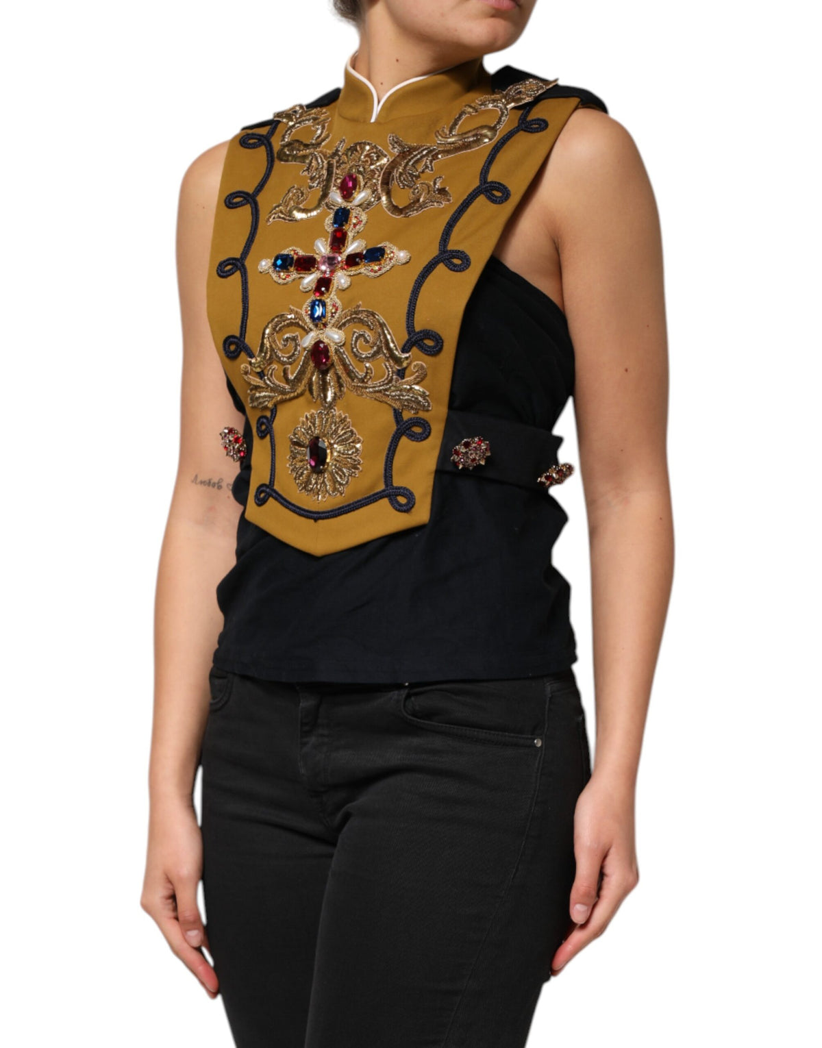 Dolce & Gabbana Yellow Crystal Cross Runway Vest Jacket Top
