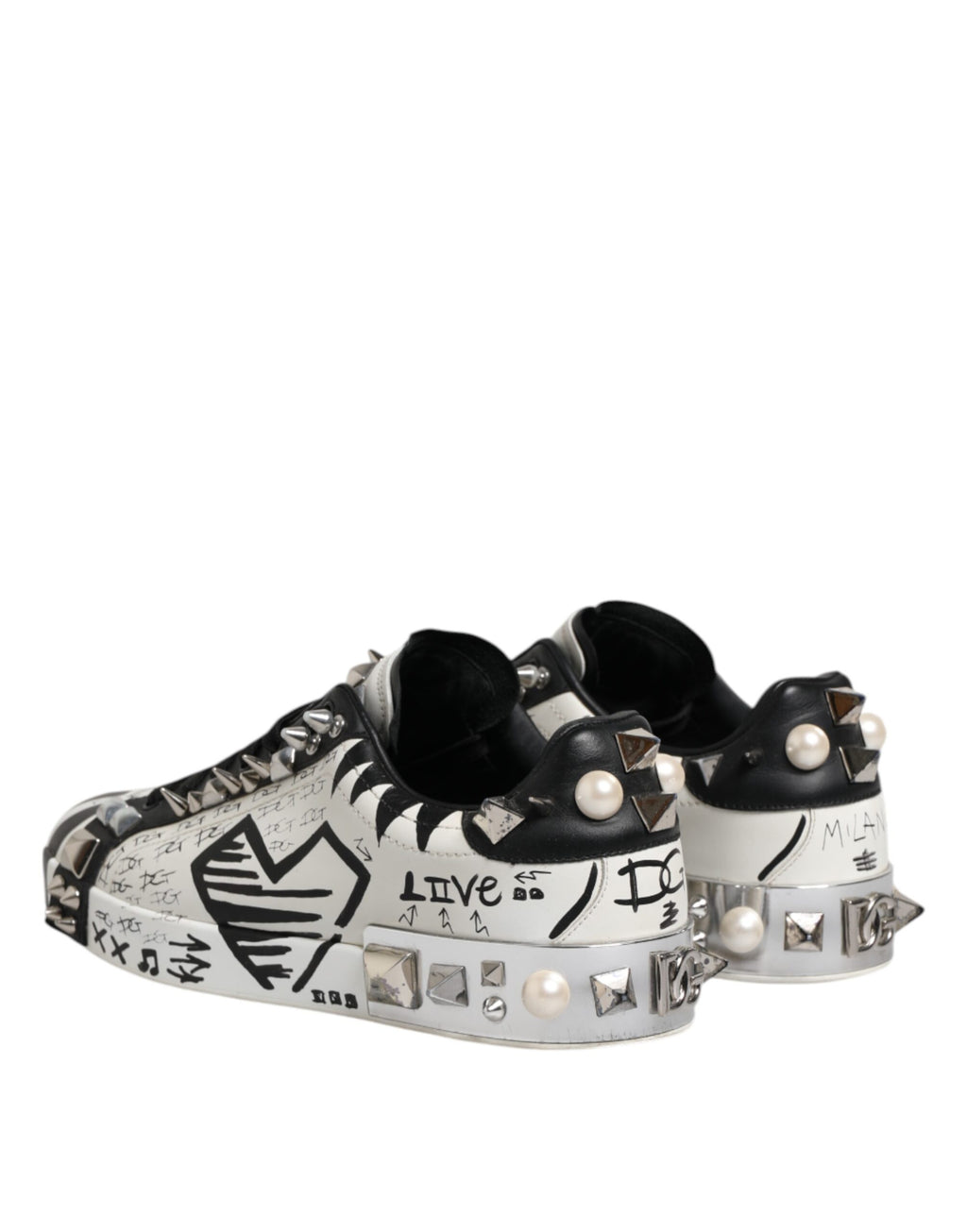 Dolce & Gabbana Black White Studded Low Top Sneakers Shoes