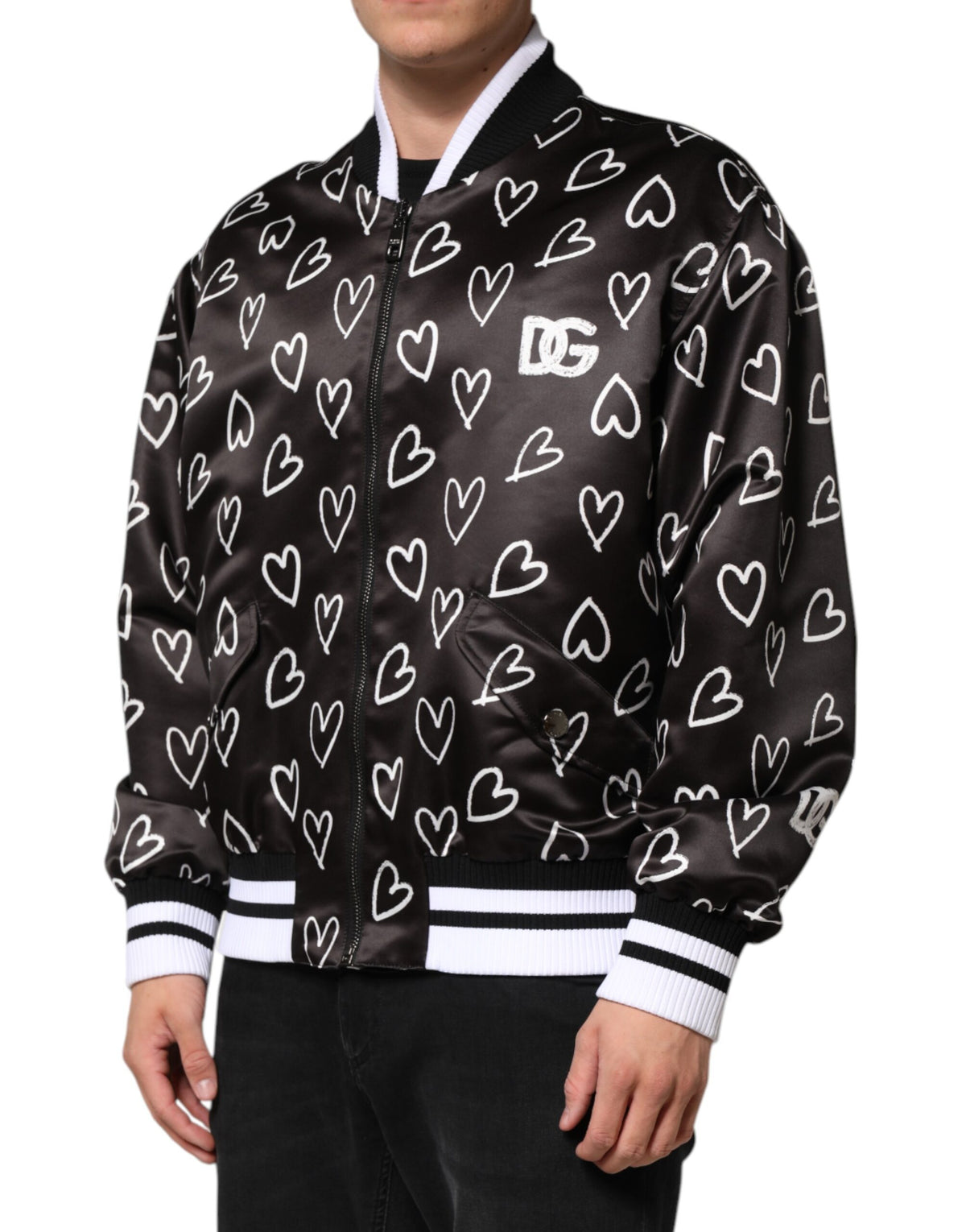 Dolce & Gabbana Black Polyester Heart Print Bomber Jacket