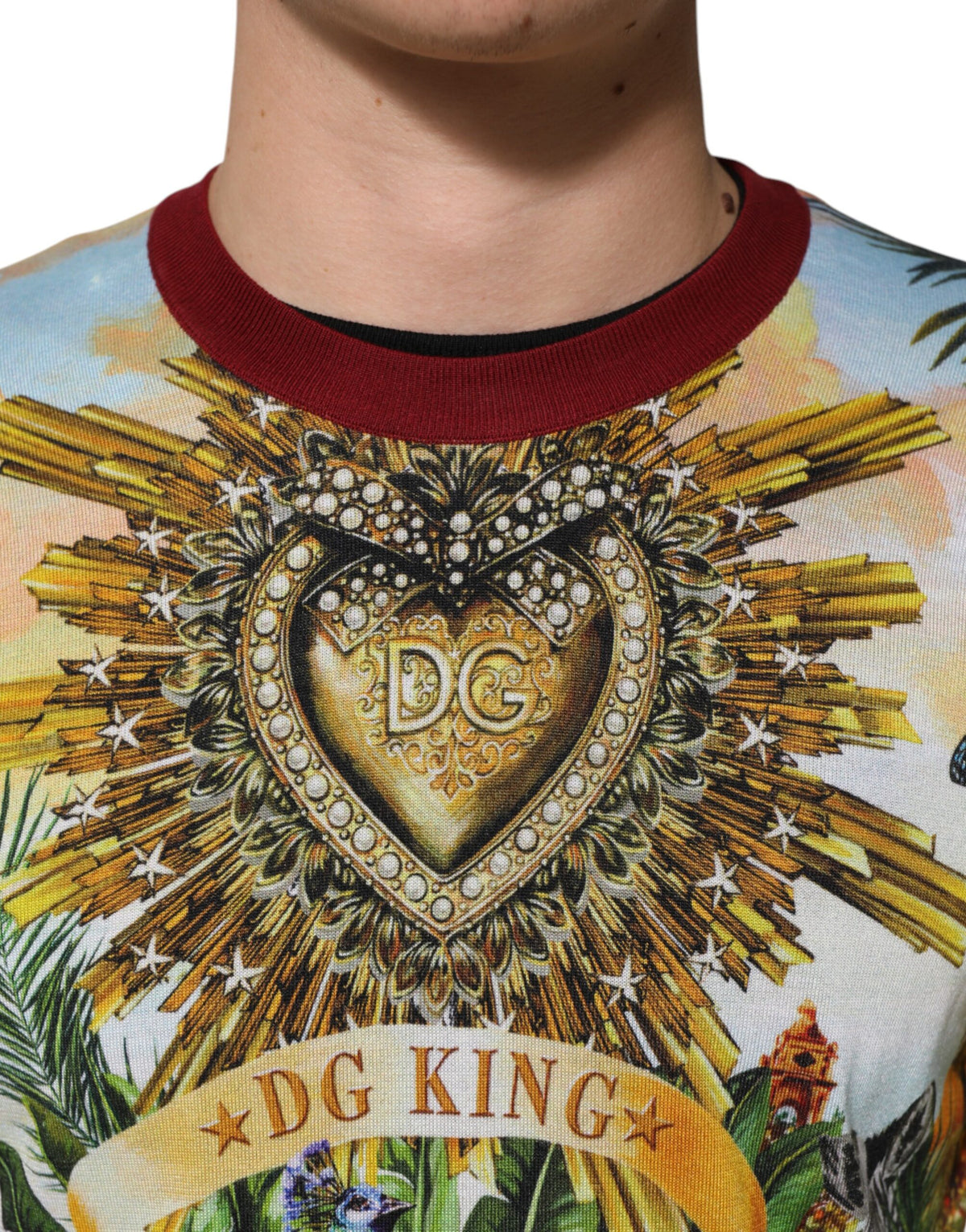 Dolce & Gabbana Tropical Heart Crown Silk Pullover Sweater