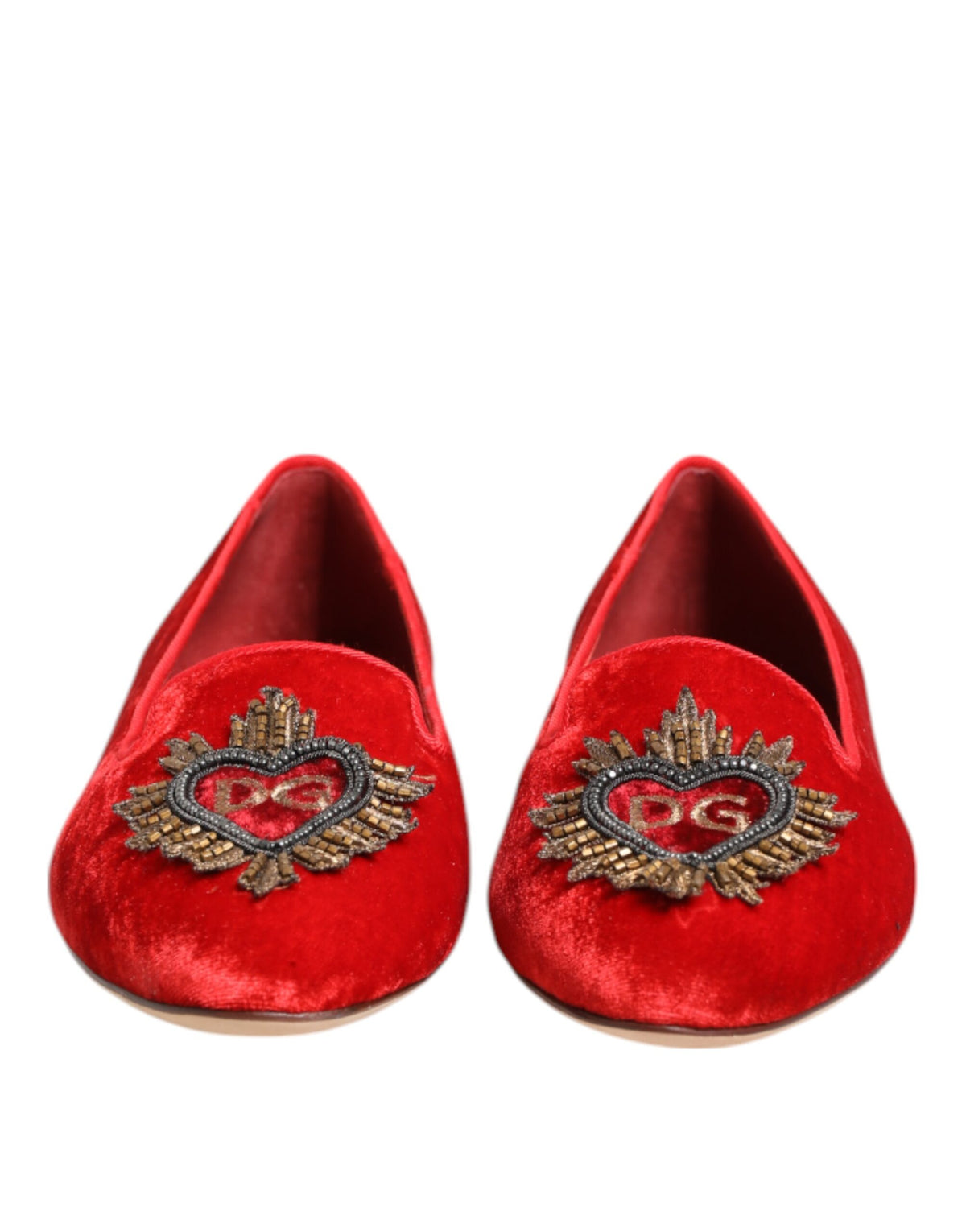 Dolce & Gabbana Red Velvet DG Heart Loafers Flats Shoes