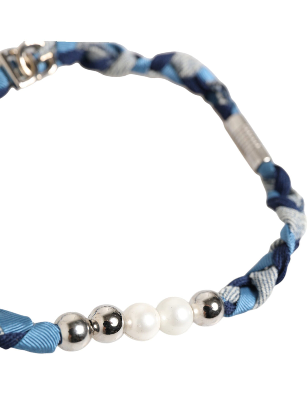 Dolce & Gabbana Blue White Braided Silver Metal Logo Beaded Men Bracelet