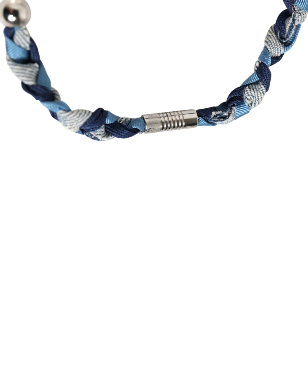 Dolce & Gabbana Blue White Braided Silver Metal Logo Beaded Men Bracelet