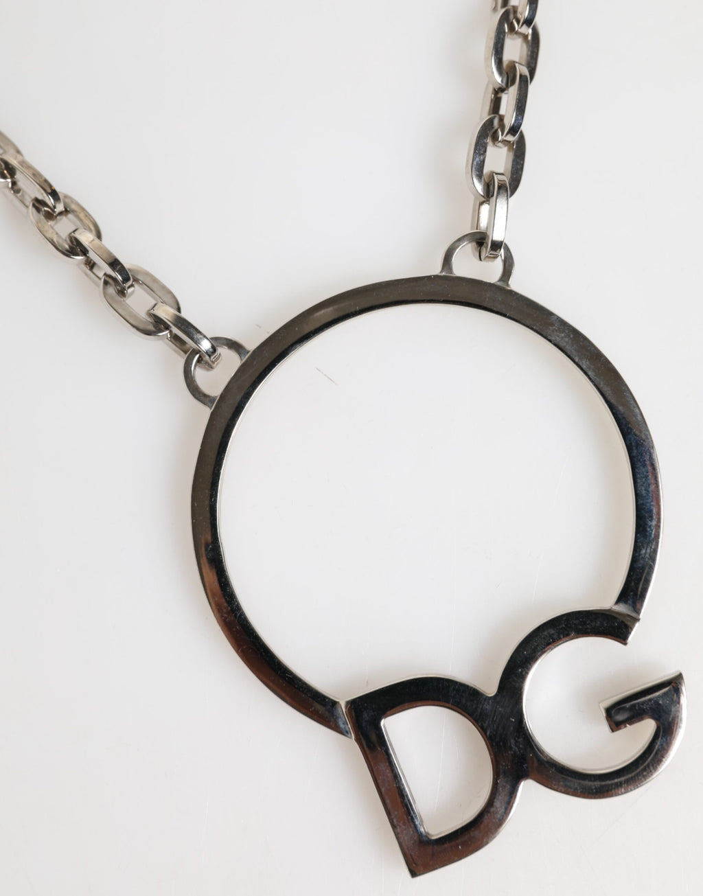 Dolce & Gabbana Silver Tone Brass Chain DG Logo Pendant Men Necklace