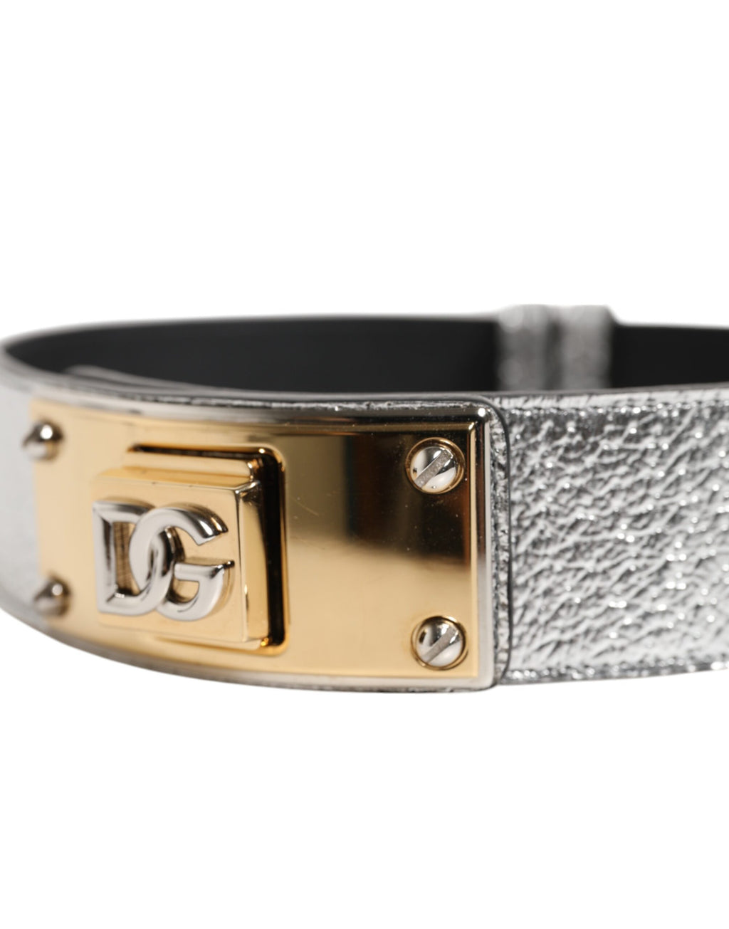 Dolce & Gabbana Silver Textured Leather Gold Tone Metal Neckband