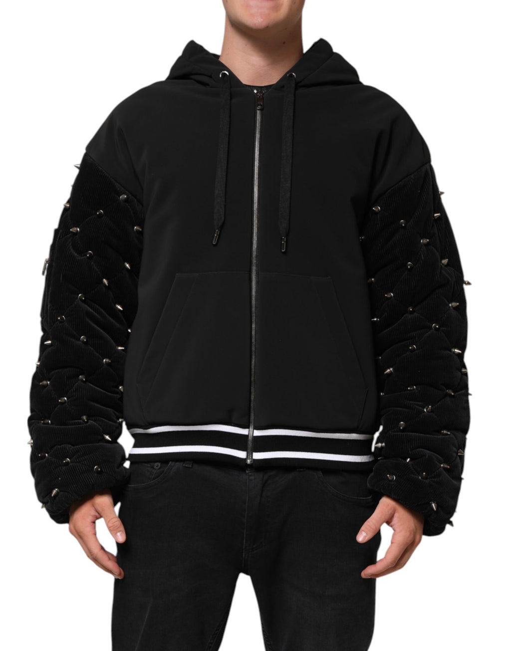 Dolce & Gabbana Black Cotton Quilted Studded Sleeve Hoodie Jacket