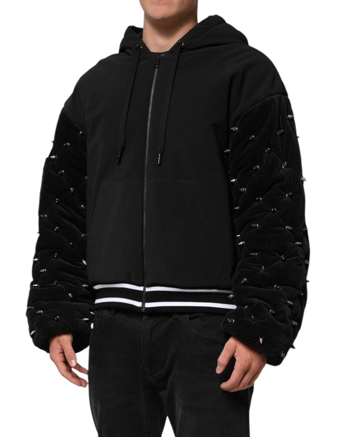 Dolce & Gabbana Black Cotton Quilted Studded Sleeve Hoodie Jacket