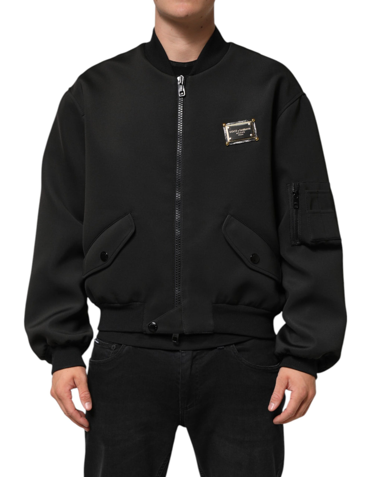 Dolce & Gabbana Black Polyester Logo Plaque Bomber Jacket