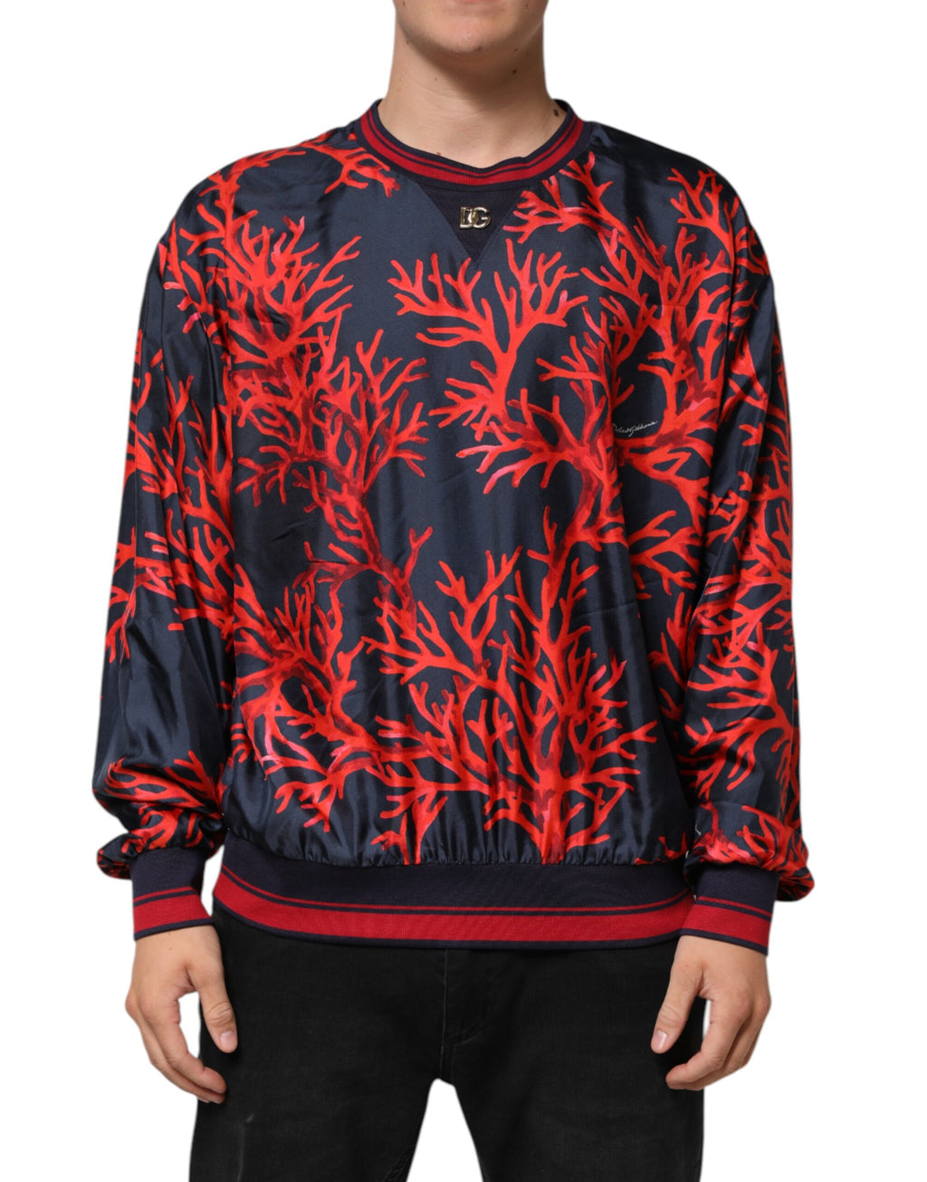 Dolce & Gabbana Silk Navy Red Coral Print Pullover Sweater