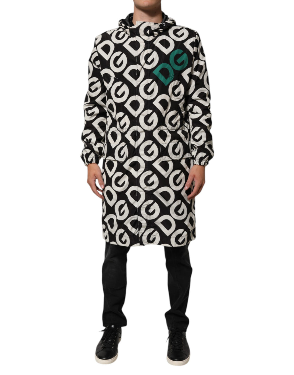 Dolce & Gabbana Black White Logo Print Hooded Coat Men Jacket