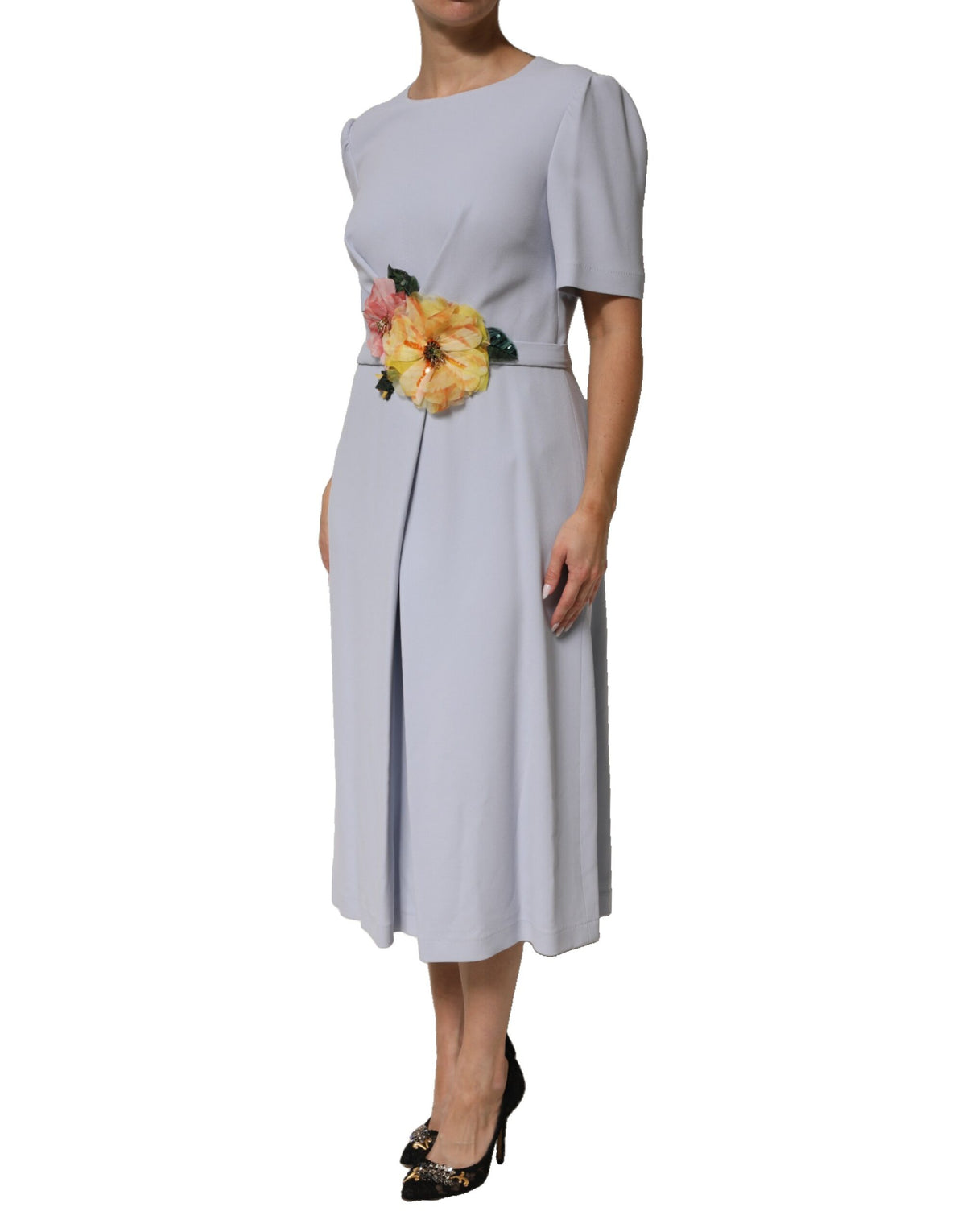 Dolce & Gabbana Light Blue Viscose Blend Floral Applique Dress