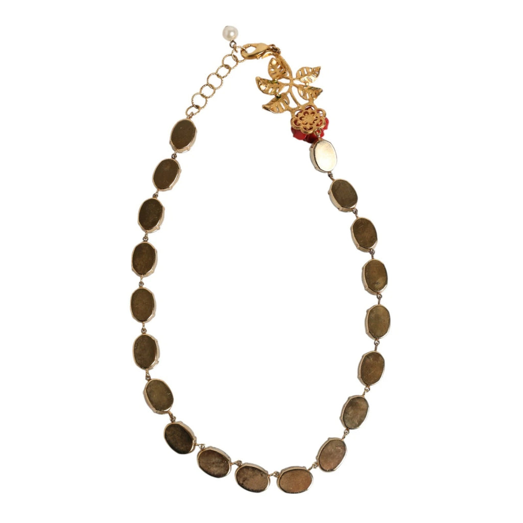 Dolce & Gabbana Red Rose Green Crystal Gold-Tone Chain Necklace