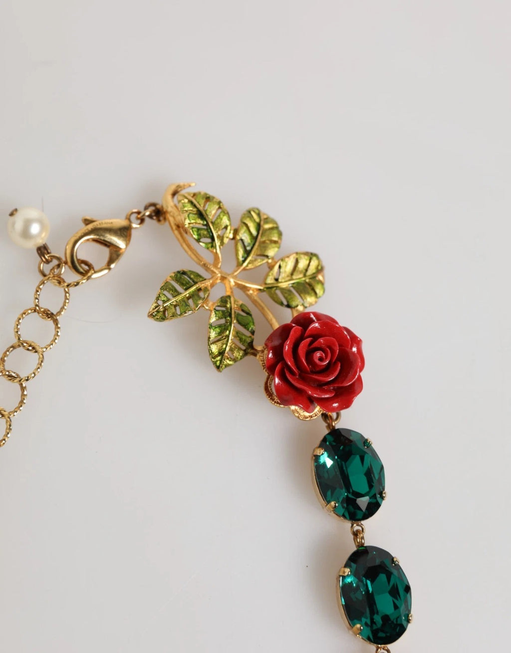 Dolce & Gabbana Red Rose Green Crystal Gold-Tone Chain Necklace