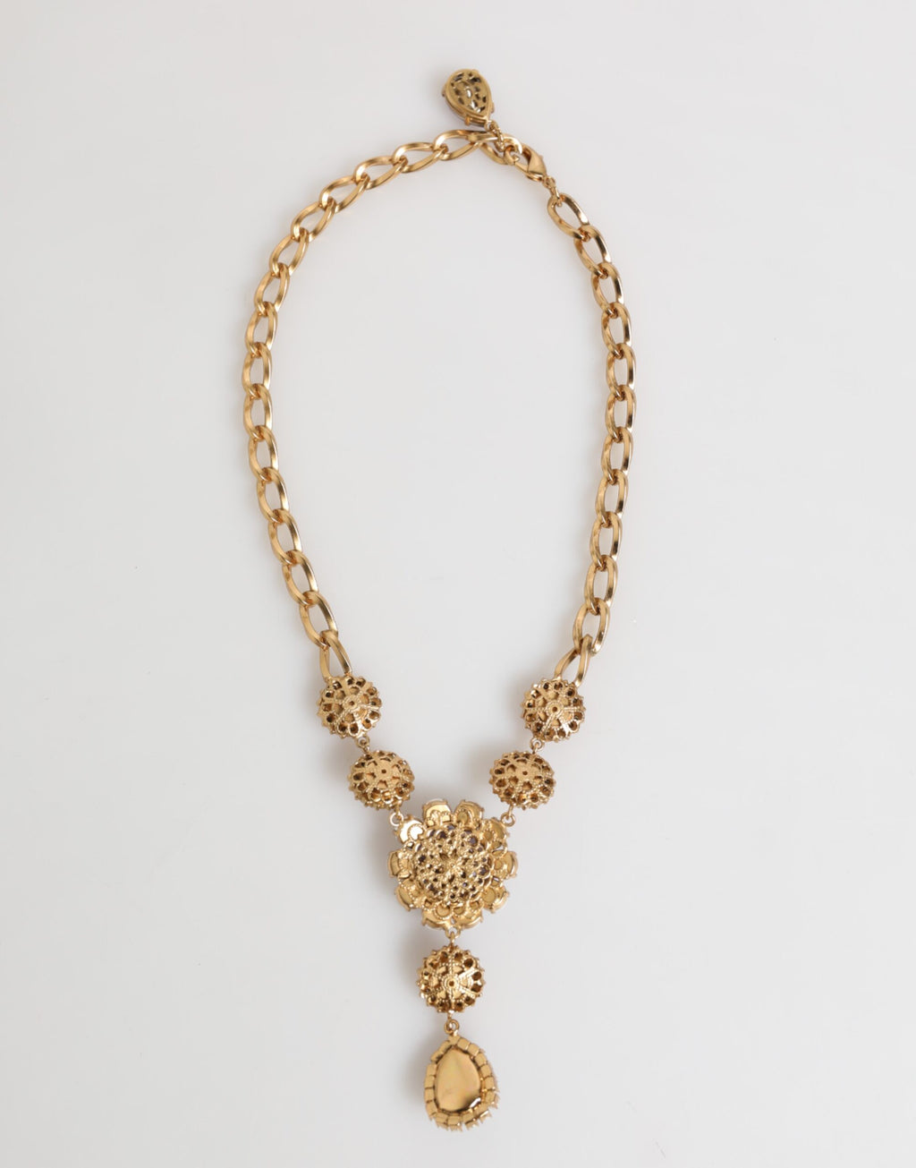 Dolce & Gabbana Gold Brass Crystal Pearl Purple Floral Pendant Jewelry Necklace