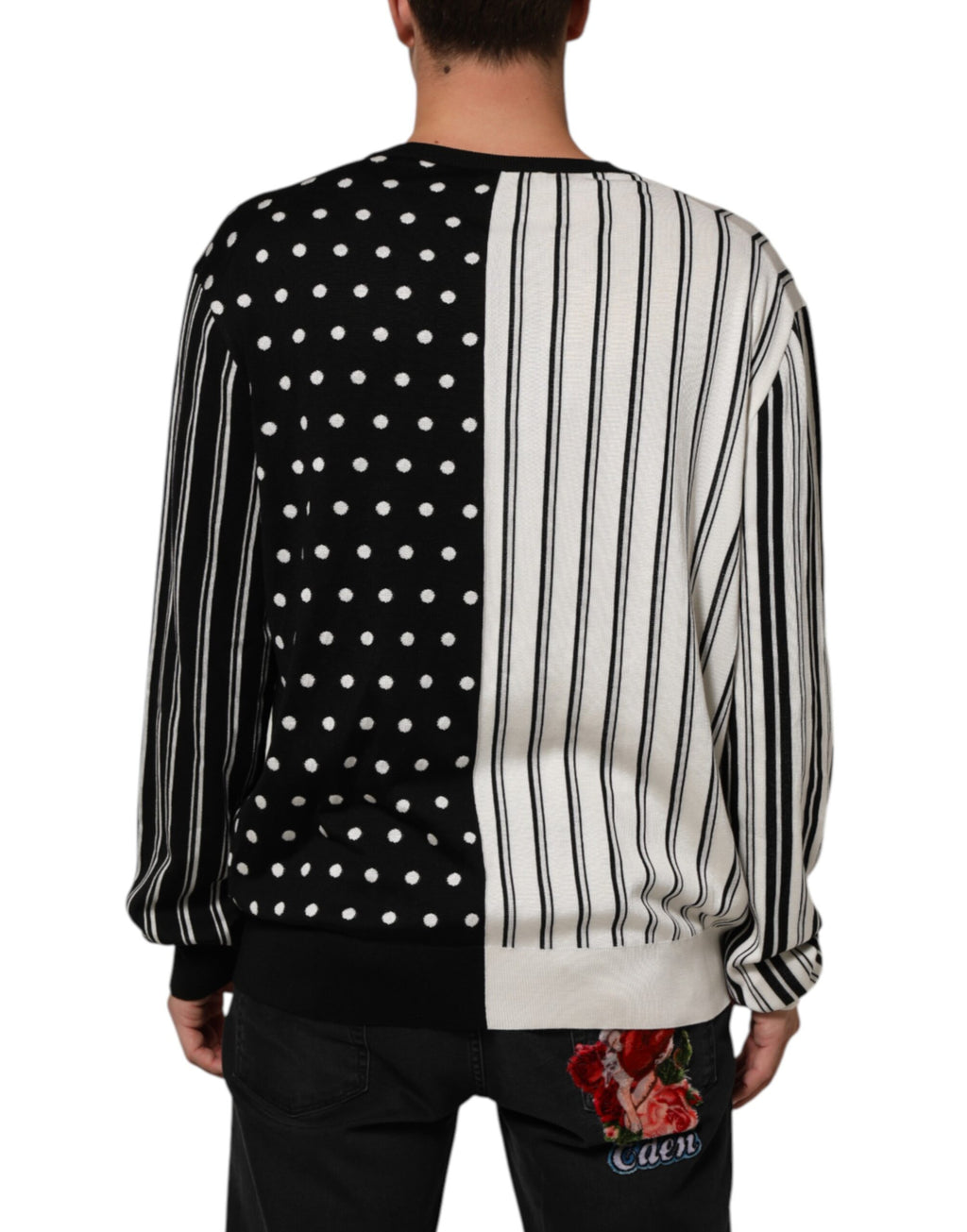 Dolce & Gabbana Black White Stripe Polka V-Neck Pullover Sweater