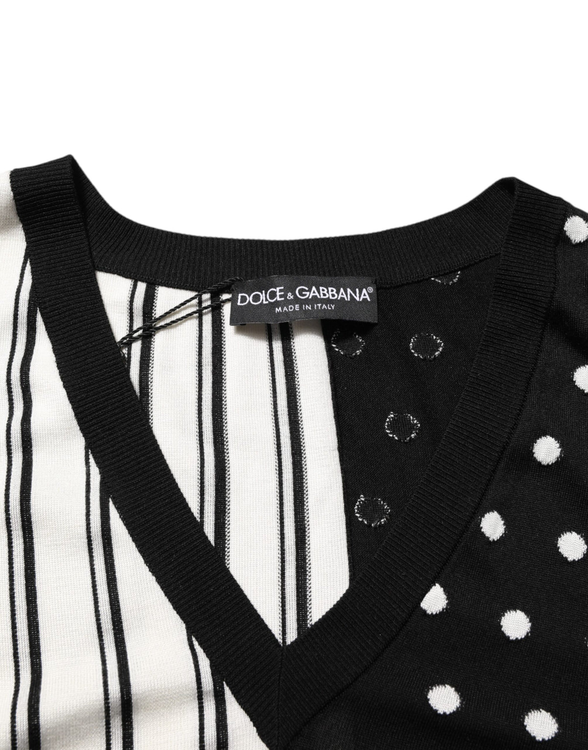 Dolce & Gabbana Black White Stripe Polka V-Neck Pullover Sweater