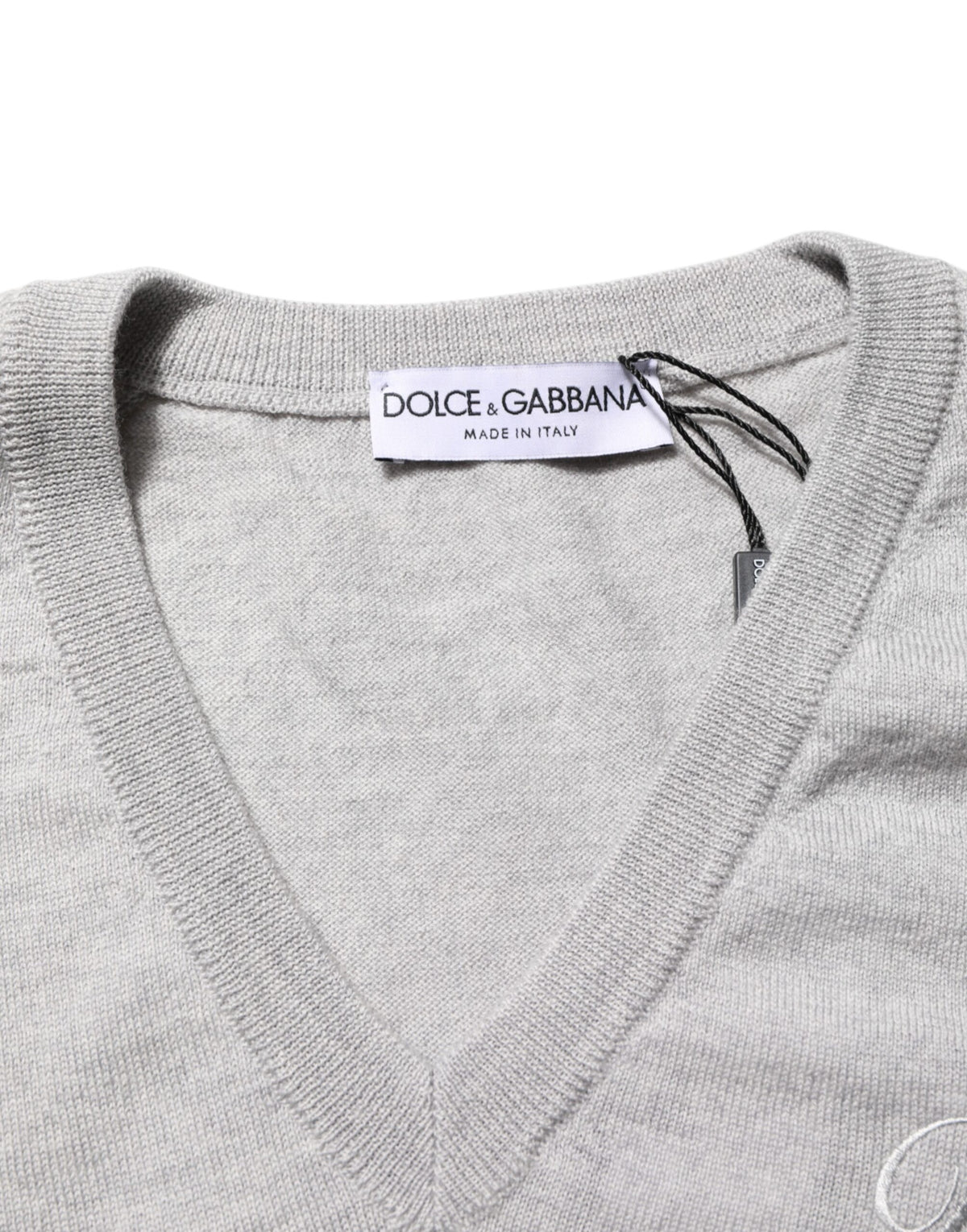 Dolce & Gabbana Gray Wool Knit Logo V-Neck Pullover Sweater