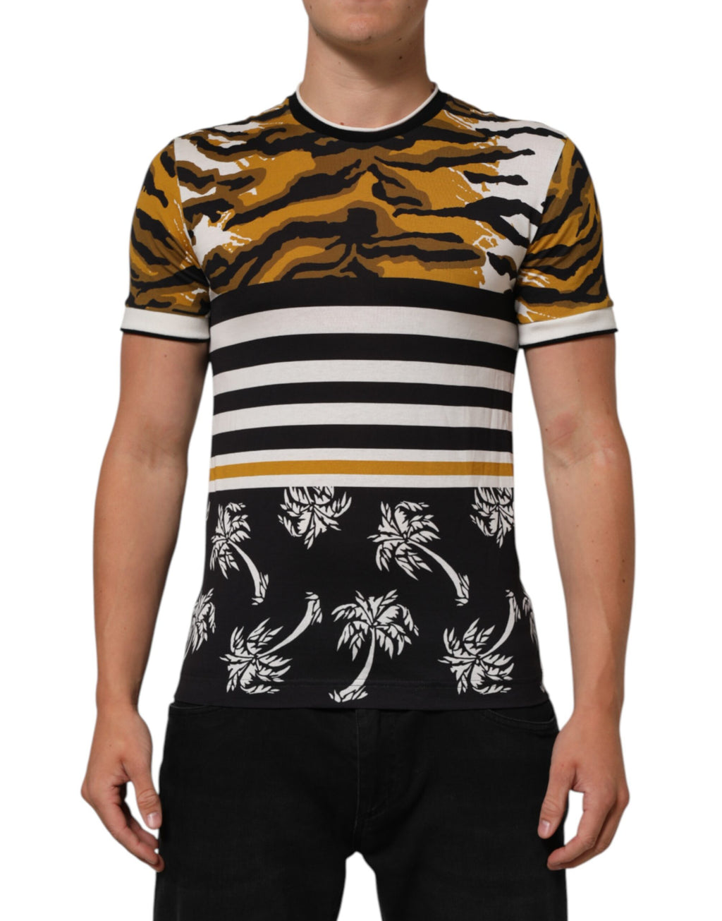 Dolce & Gabbana Multicolor Leopard Palm Leaf Men Crew Neck T-shirt