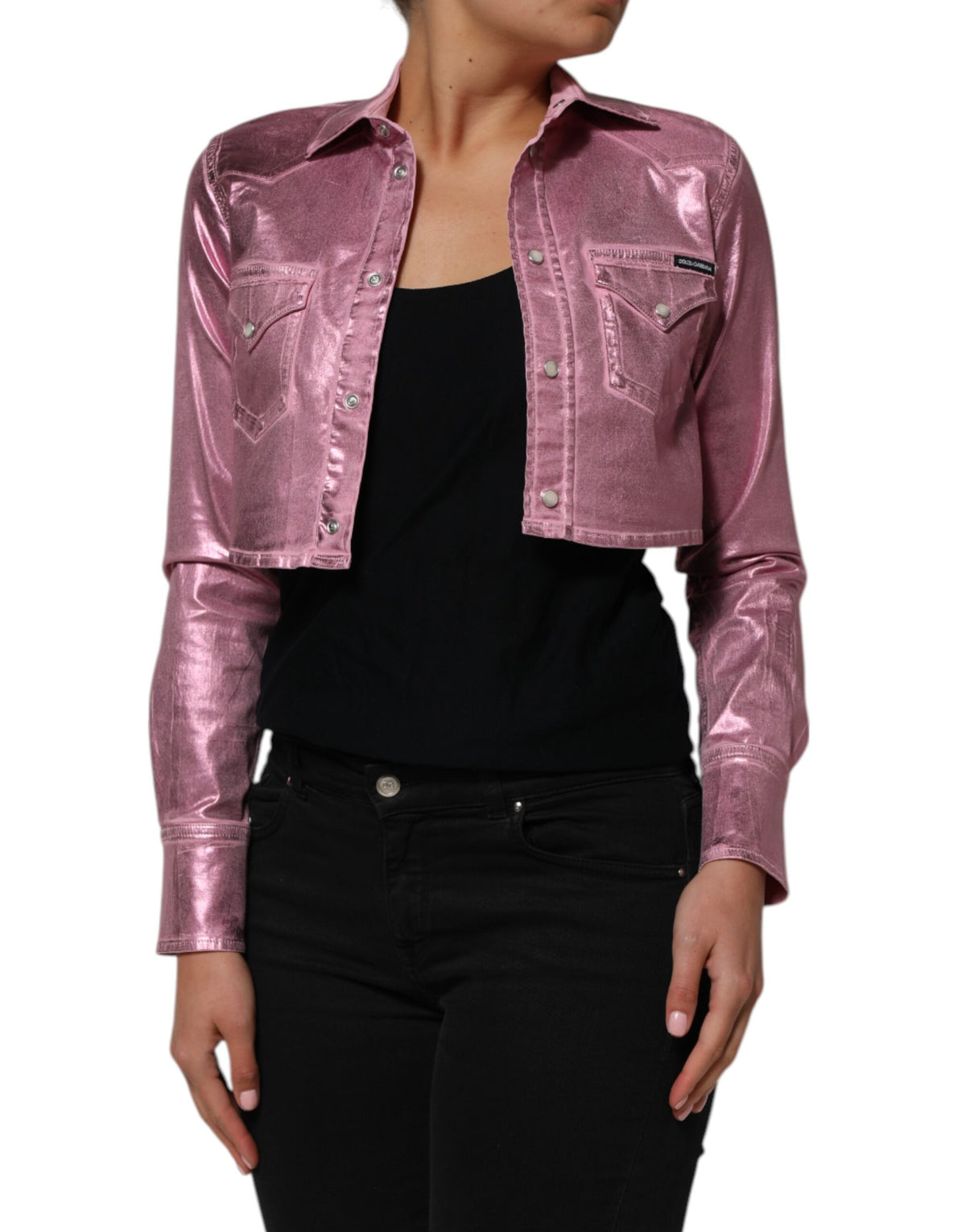 Dolce & Gabbana Pink Cotton Stretch Collared Cropped Jacket