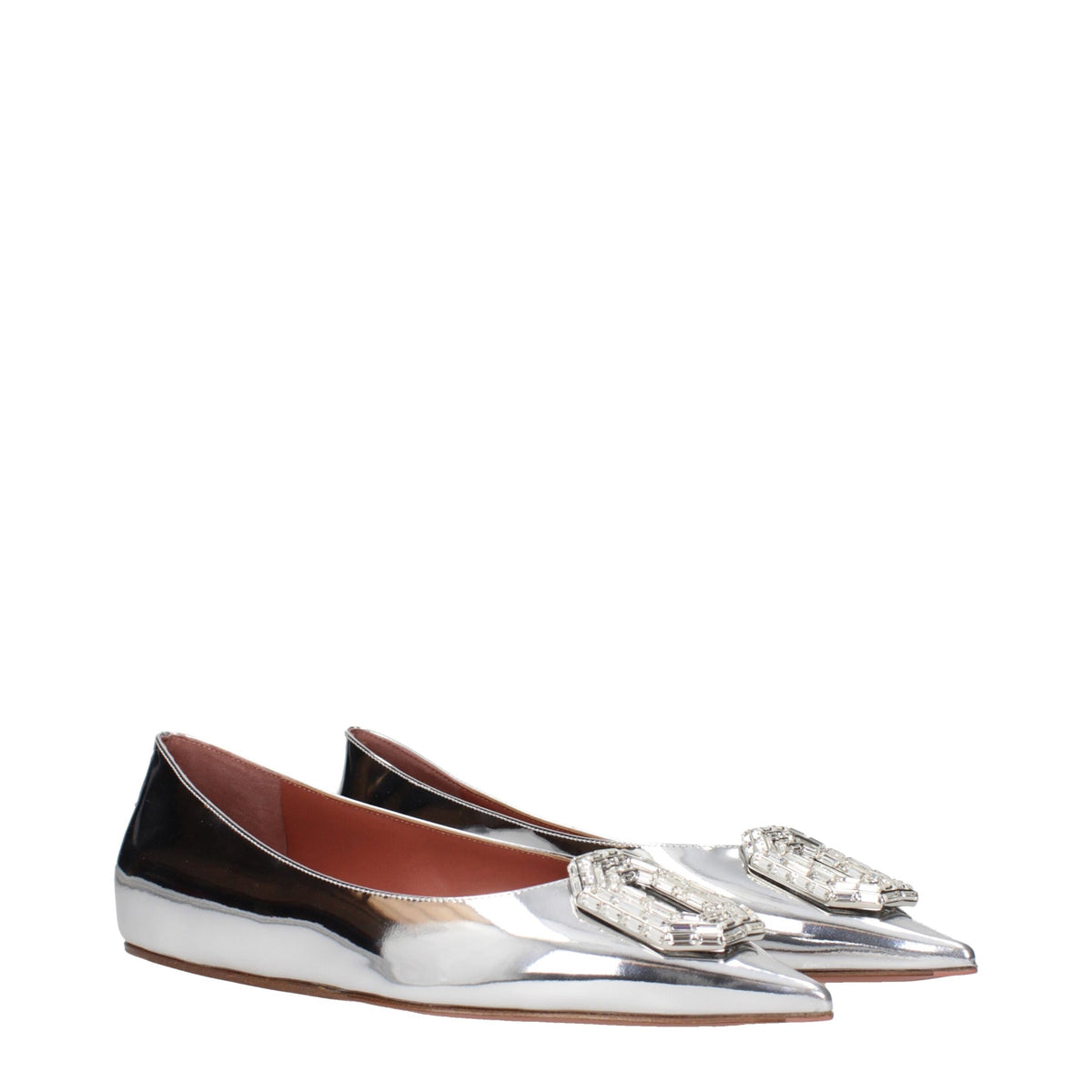 Amina Muaddi Gray Leather Ballet Flats