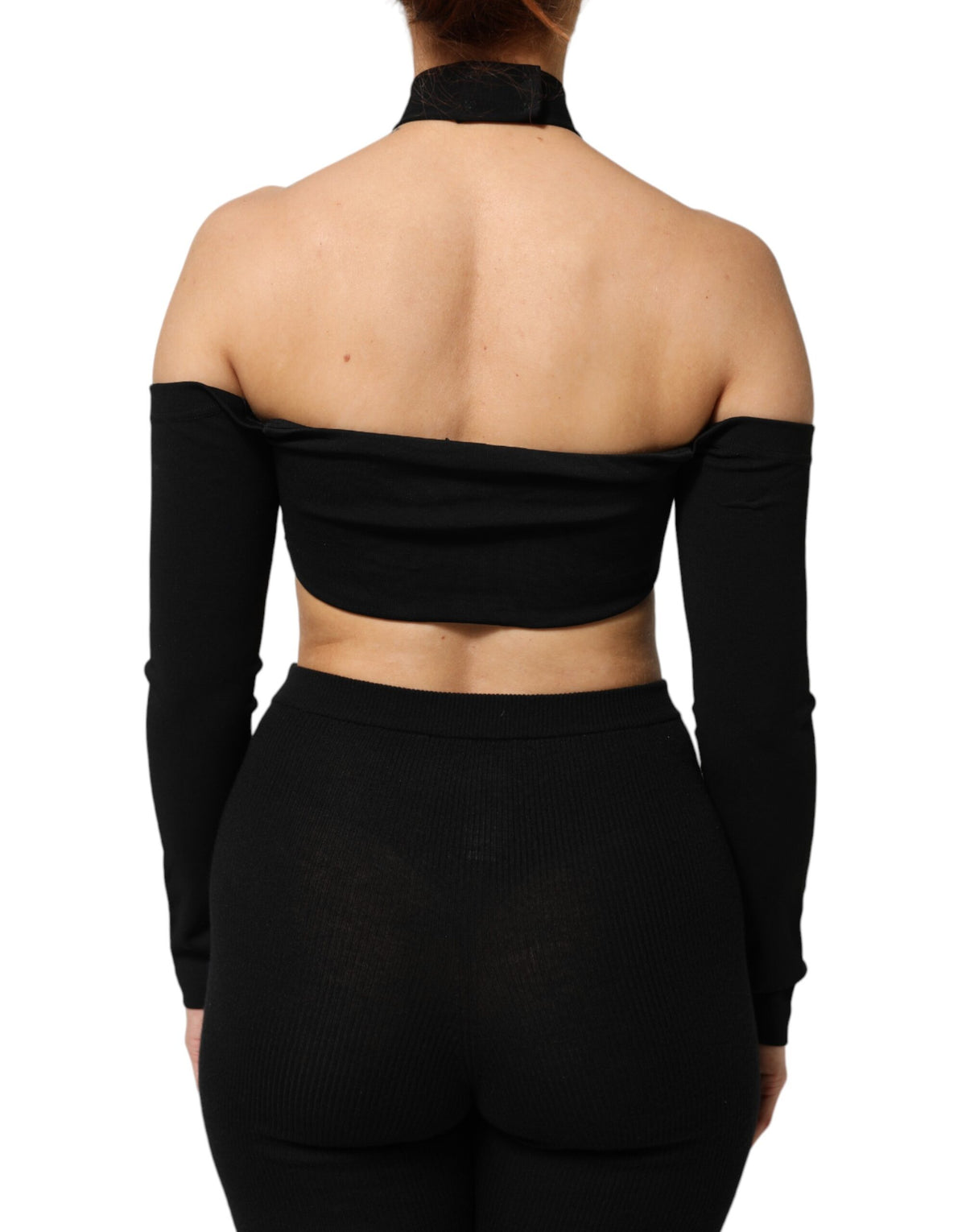 Dolce & Gabbana Black Viscose Halter Off Shoulder Cropped Top