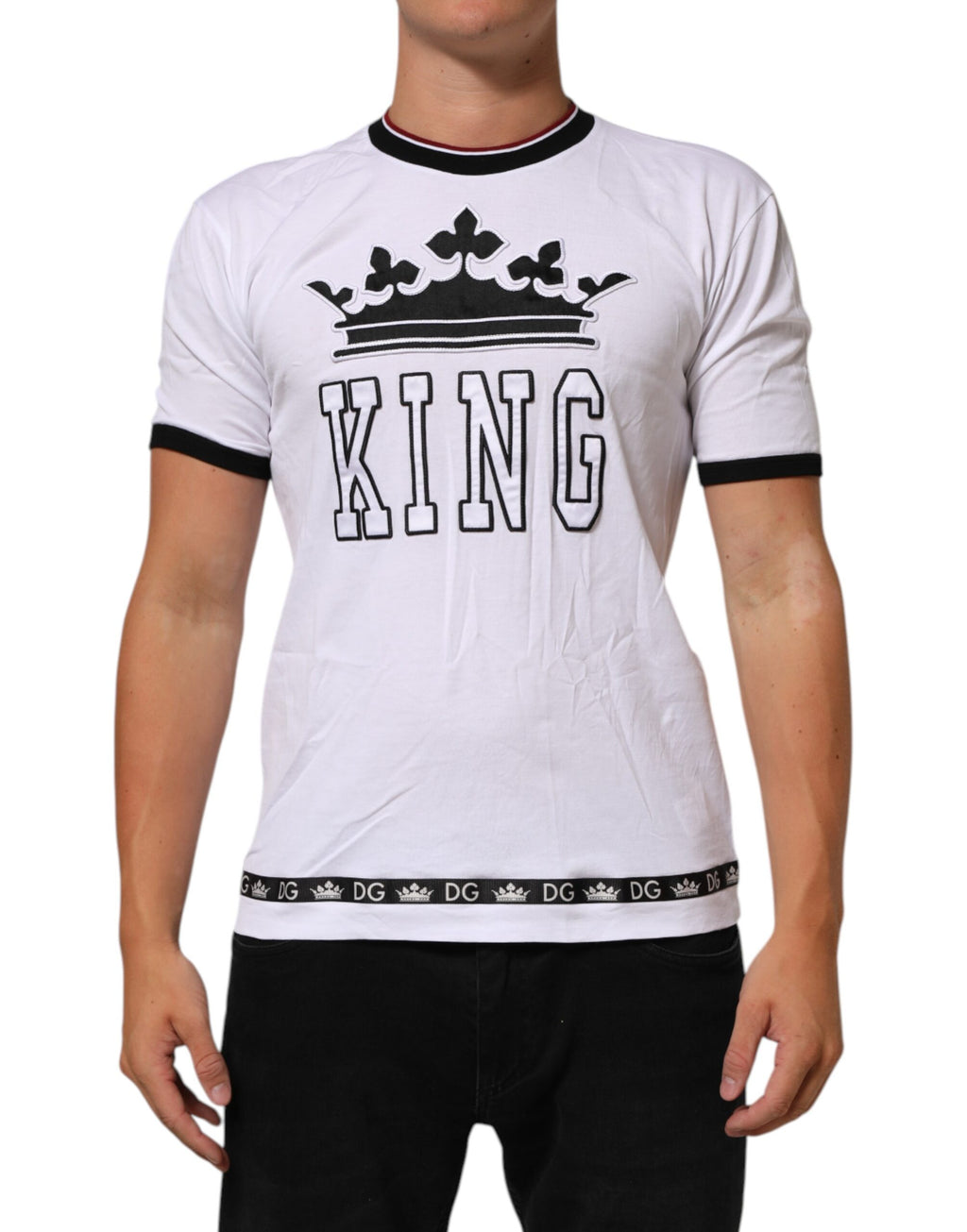 Dolce & Gabbana White Cotton Crown King Embroidery T-shirt