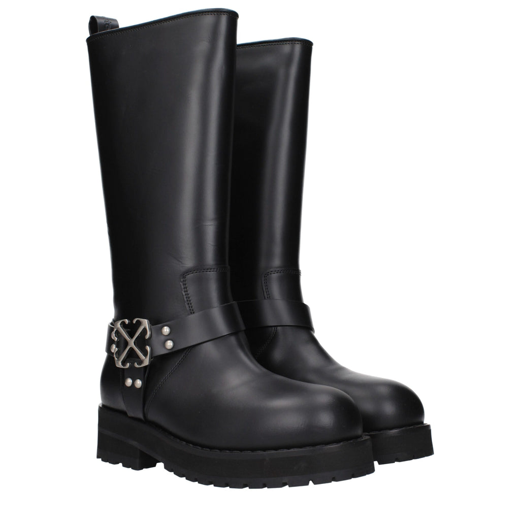 Off-White Black Leather Flat Boots