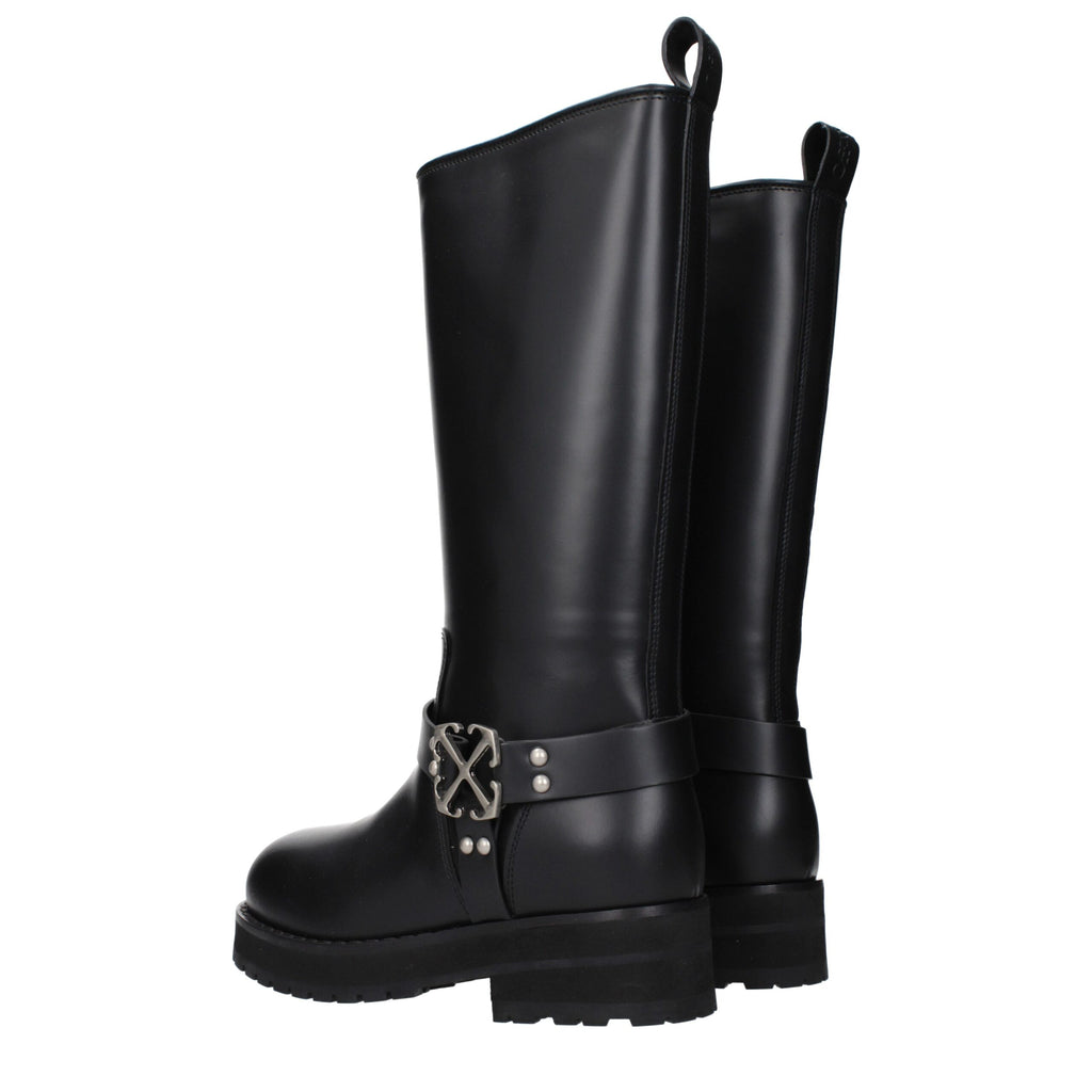 Off-White Black Leather Flat Boots