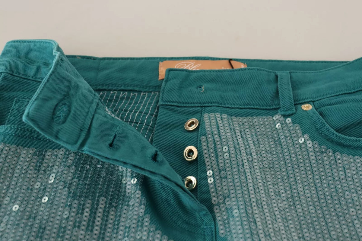 Blumarine Cadet Blue Sequined Low Waist Cropped Trouser Pants