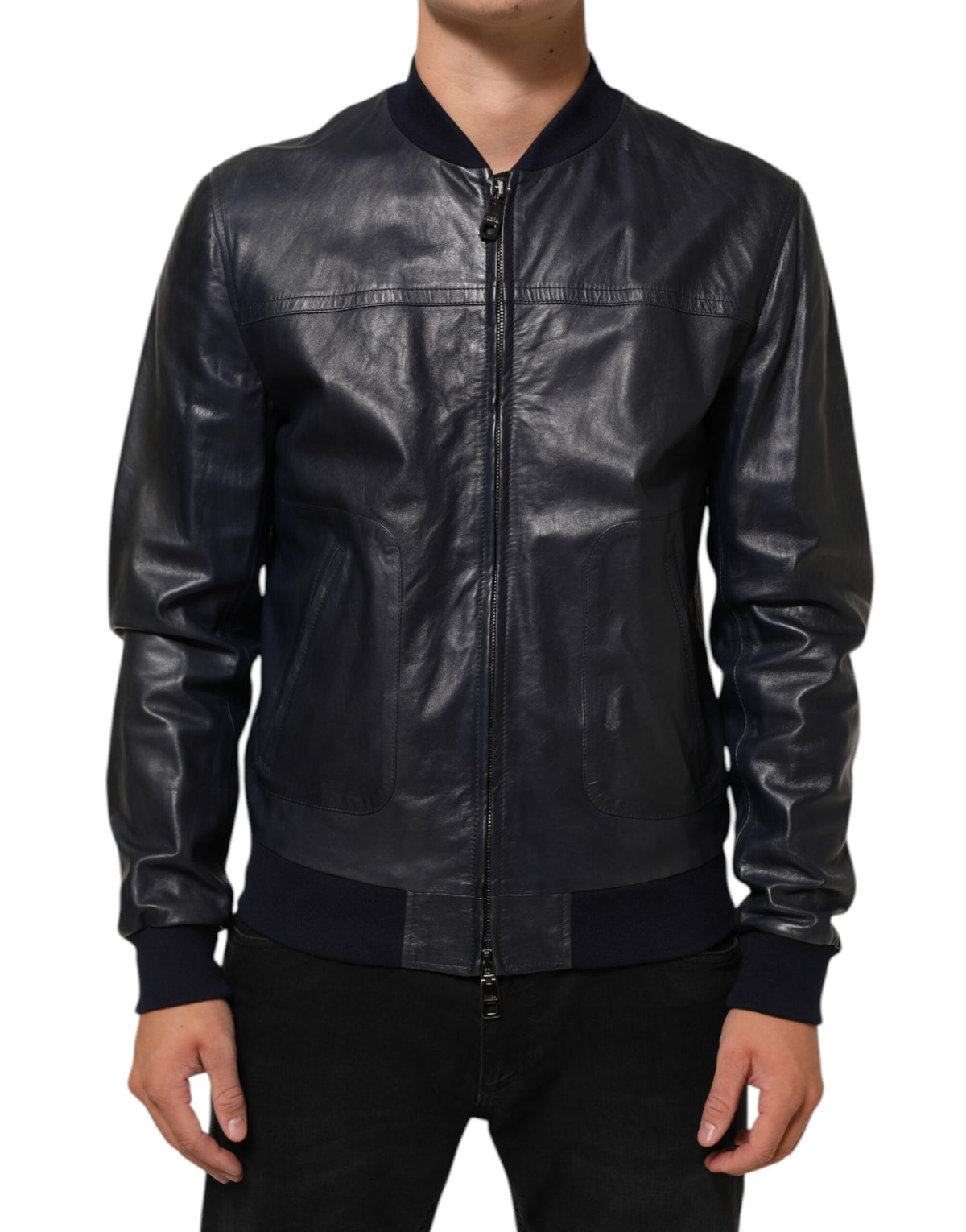 Dolce & Gabbana Blue Leather Full Zip Biker Blouson Jacket