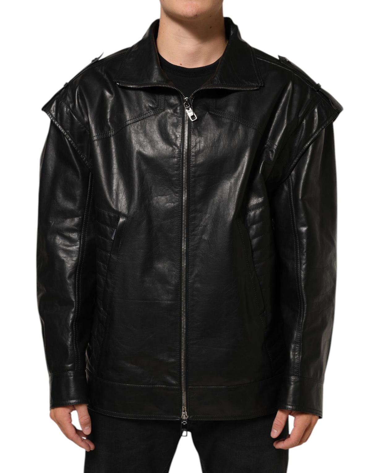 Dolce & Gabbana Black Leather Full Zip Biker Blouson Jacket