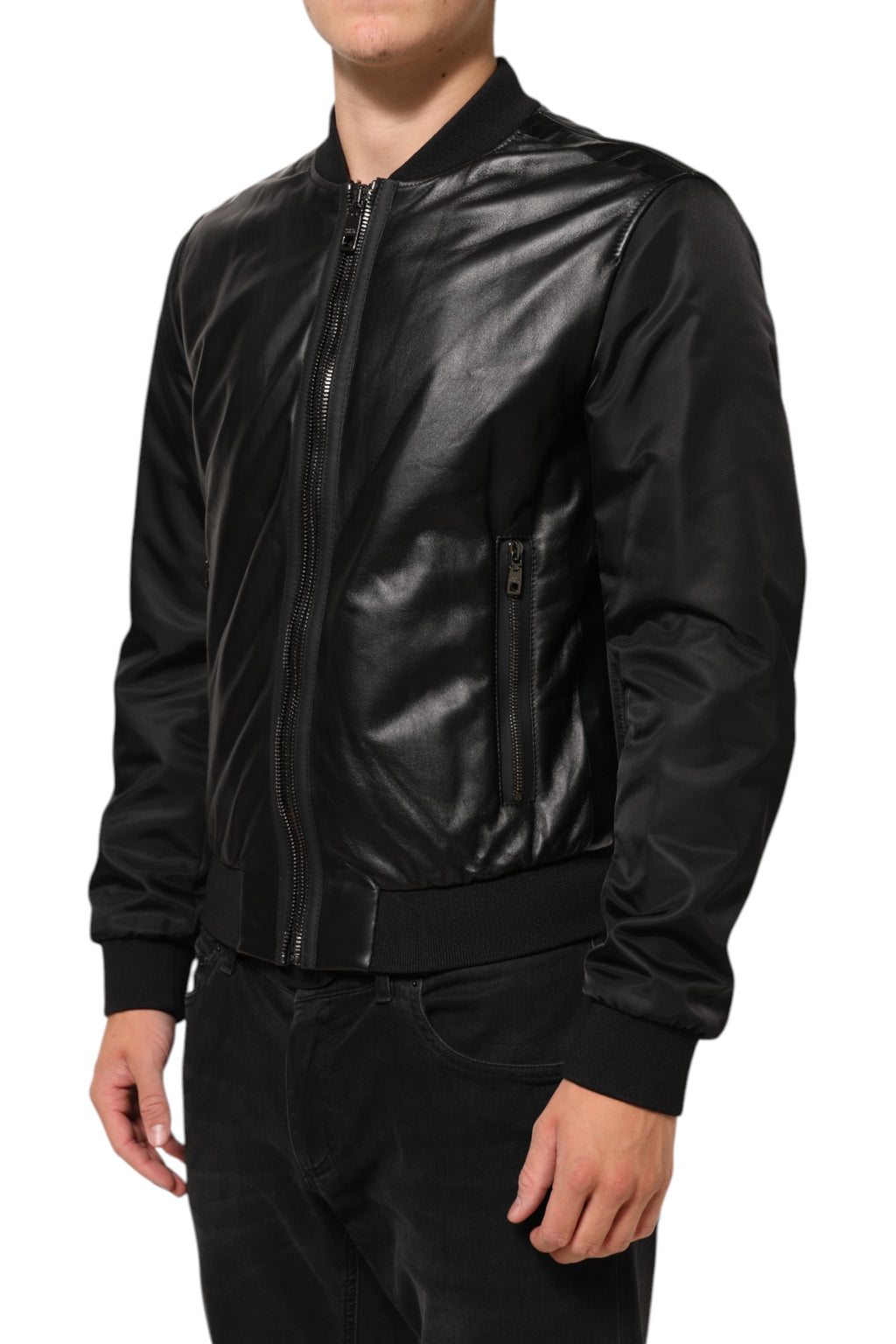 Dolce & Gabbana Black Leather Nylon FullZip Blouson Jacket