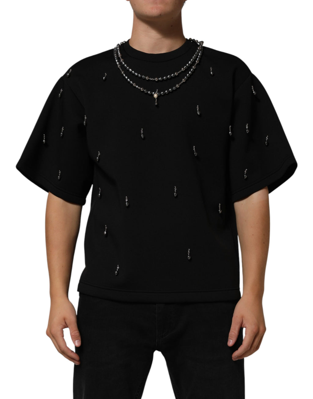 Dolce & Gabbana Black Polyester Necklace Embellished T-shirt