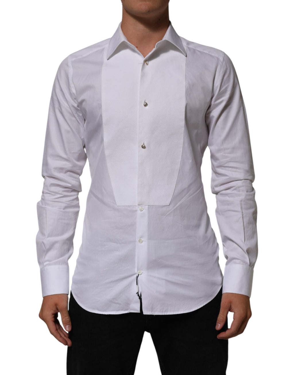 Dolce & Gabbana White Cotton Collared Bib GOLD Dress Shirt