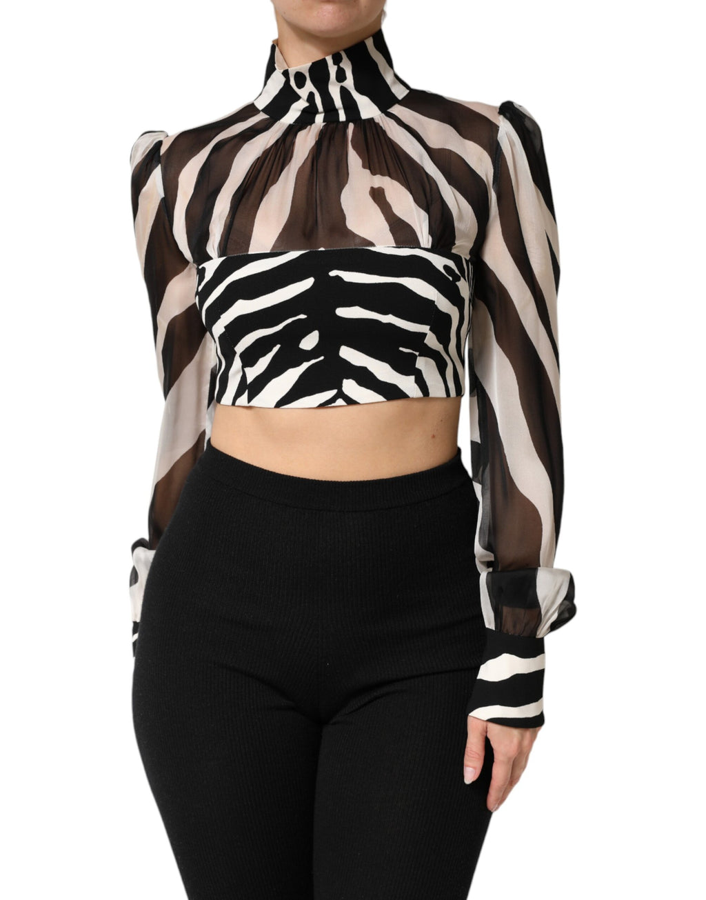 Dolce & Gabbana Zebra Print Chiffon Paneled Crop Blouse Top