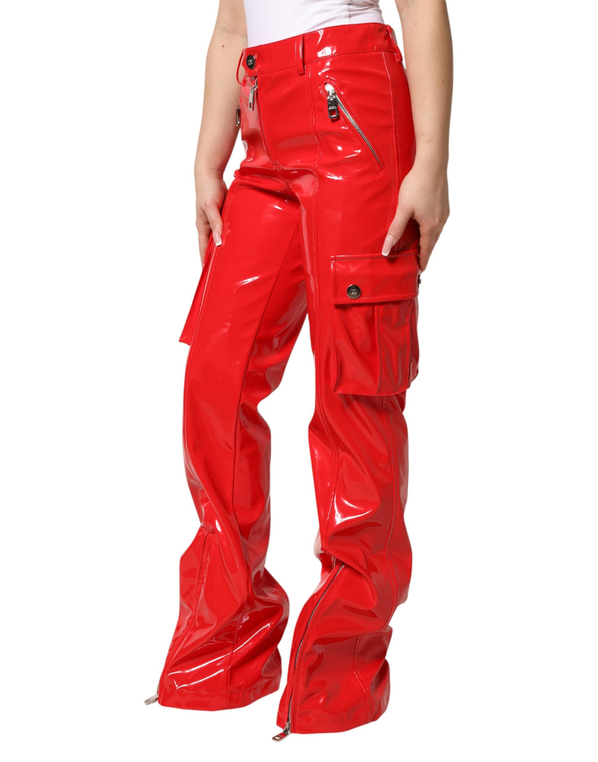 Dolce & Gabbana Red Glossy Polyester Cargo Boot Cut Pants