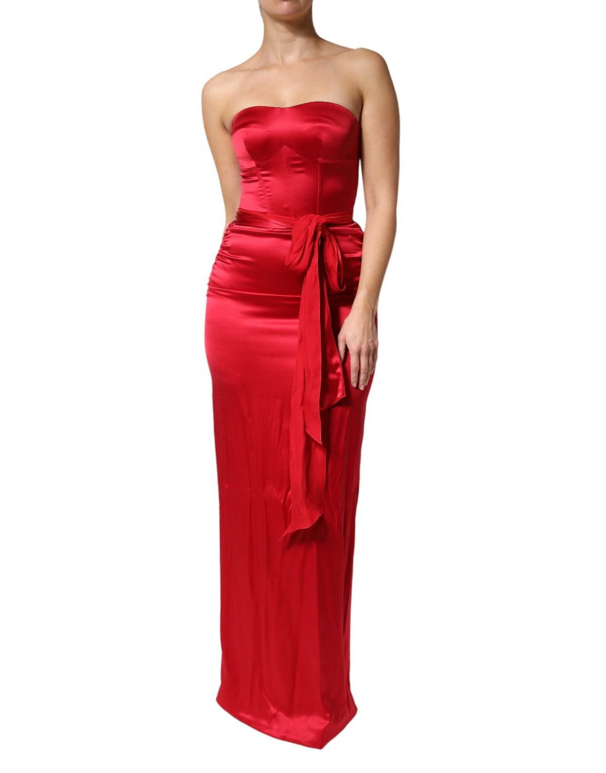 Dolce & Gabbana Red Silk Strapless Sheath Long Gown Dress