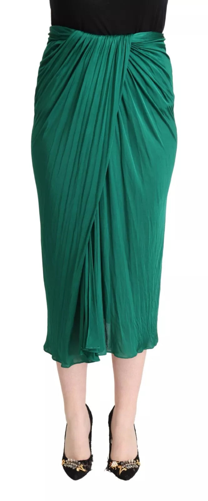Dolce & Gabbana Dark Green High Waist Midi Skirt Pencil Cut Pleated