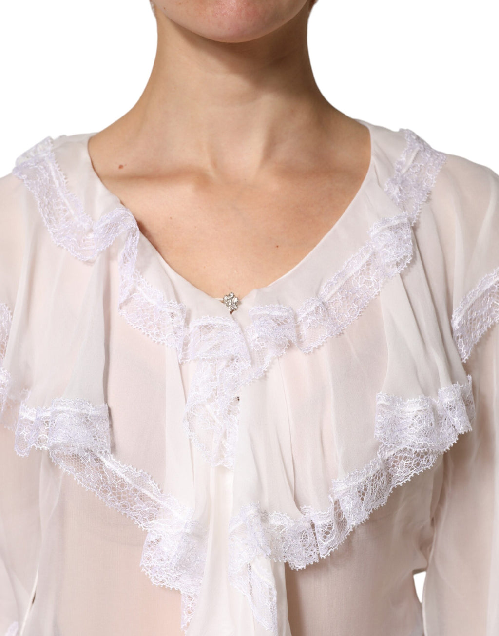 Dolce & Gabbana White Ruffles Lace Long Sleeve Blouse Top