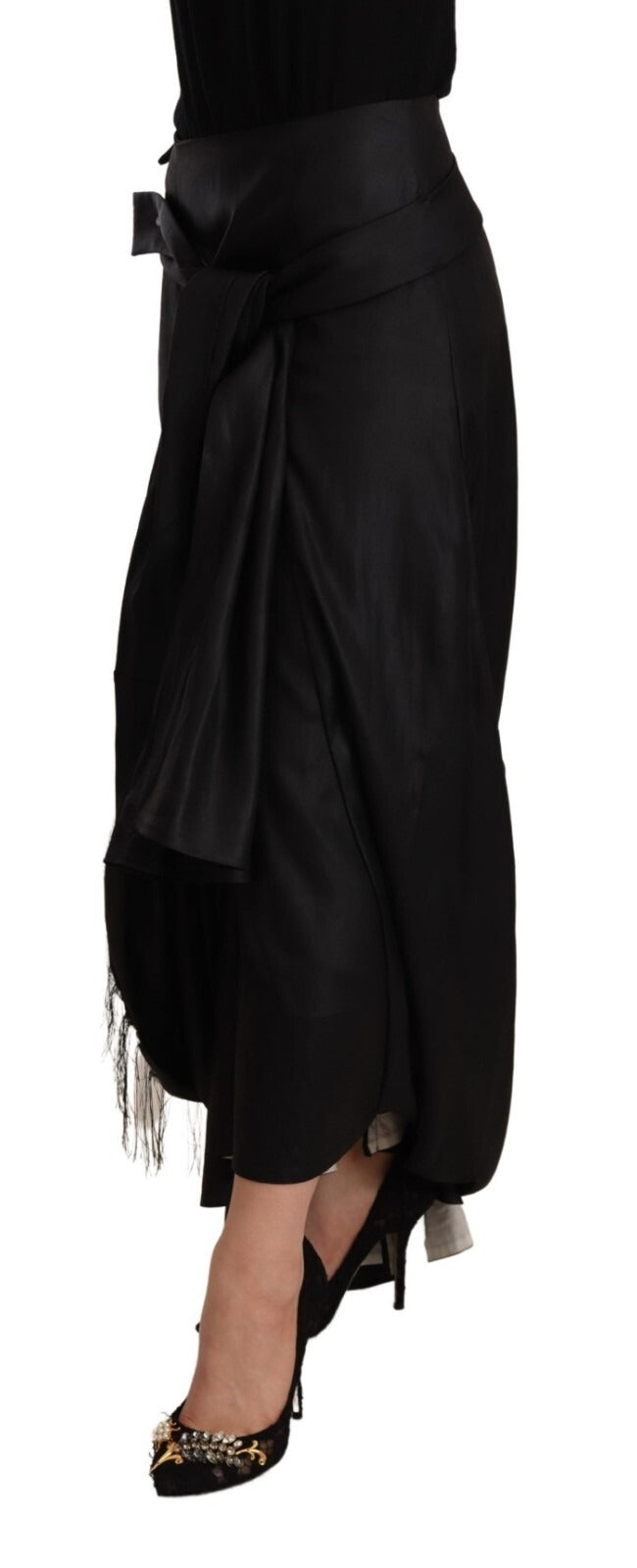 Celine Acetate Black High Waist Wrap Style Asymmetric Skirt